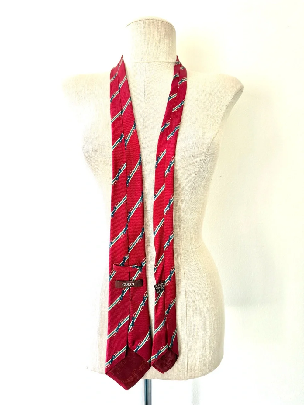 GUCCI Vintage Silk Tie Red Diagonal Stripe Nautical Rope Interlocking GG 80s